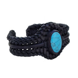 Bohemian Handcrafted Braided Black Vegetal Leather Bracelet with Firuze Stone Setting-Unisex Gift Fashion Jewelry Wristband