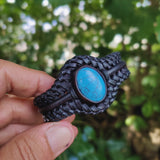 Bohemian Handcrafted Braided Black Vegetal Leather Bracelet with Firuze Stone Setting-Unisex Gift Fashion Jewelry Wristband