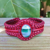 Unique Handcrafted Vegetal Braided Maroon Leather Bracelet with Green Agate Stone-Unisex Gift Fashion Jewelry with Naturel Stone Cuff
