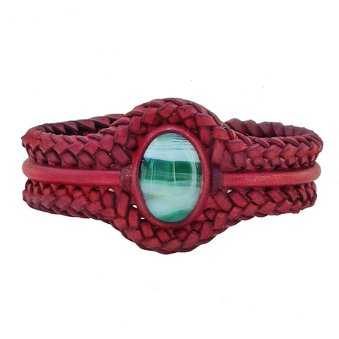 Unique Handcrafted Vegetal Braided Maroon Leather Bracelet with Green Agate Stone-Unisex Gift Fashion Jewelry with Naturel Stone Cuff