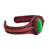 Unique Handcrafted Genuine Maroon Color Vegetal Leather Bracelet with Green Cat Eye Stone Setting-Lifestyle Gift Fashion Jewelry Cuff Bangle