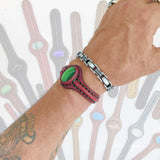 Unique Handcrafted Genuine Maroon Color Vegetal Leather Bracelet with Green Cat Eye Stone Setting-Lifestyle Gift Fashion Jewelry Cuff Bangle