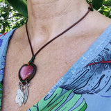 Bohemian Handcrafted Genuine Vegetal Brown Leather Necklace with Pink Cat Eye Stone-Lifestyle Unique Gift Unisex Fashion Leather Jewelry