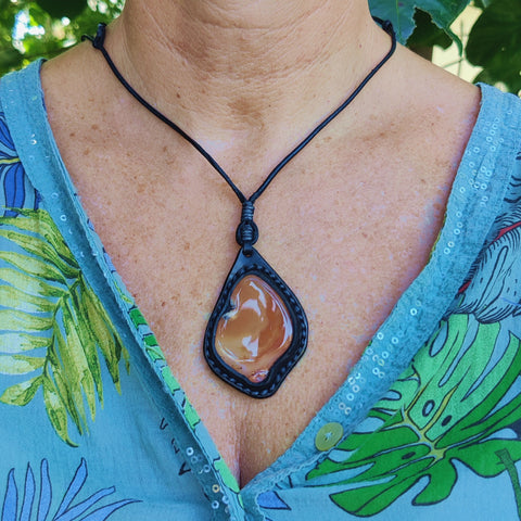 Boho Handcrafted Genuine Leather Necklace with Orange Agate Stone-Unique Quality Gift Unisex Fashion Leather Jewelry