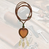Bohemian Handcrafted Genuine Vegetal Brown Leather Necklace with Pink Cat Eye Stone-Lifestyle Unique Gift Unisex Fashion Leather Jewelry