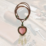 Bohemian Handcrafted Genuine Vegetal Brown Leather Necklace with Pink Cat Eye Stone-Lifestyle Unique Gift Unisex Fashion Leather Jewelry