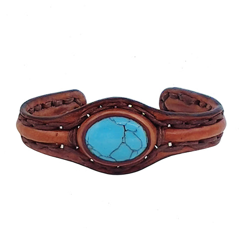 Unique Handcrafted Genuine Brown Vegetal Leather Bracelet with Firuze Stone Setting-Unisex Gift Fashion Jewelry Cuff Wristband