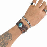 Unique Handcrafted Brown Vegetal Leather Cuff with Green and White Agate Stone-Unisex Gift Fashion Jewelry with Naturel Stone Cuff