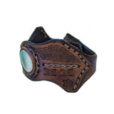 Unique Handcrafted Brown Vegetal Leather Cuff with Green and White Agate Stone-Unisex Gift Fashion Jewelry with Naturel Stone Cuff