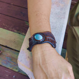 Unique Handcrafted Brown Vegetal Leather Cuff with Green and White Agate Stone-Unisex Gift Fashion Jewelry with Naturel Stone Cuff