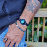 Unique Handcrafted Vegetal Black Leather Bracelet with Green Agate Stone-Unisex Gift Fashion Jewelry with Naturel Stone Cuff
