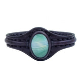 Unique Handcrafted Vegetal Black Leather Bracelet with Green Agate Stone-Unisex Gift Fashion Jewelry with Naturel Stone Cuff