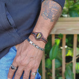 Bohemian Unique Handcrafted Vegetal Black and Brown Leather Bracelet with Tiger Eye Stone-Unisex Gift Fashion Jewelry Wristband Cuff
