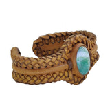 Unique Handcrafted Vegetal Braided Tan Color Leather Bracelet with Green Agate Stone-Unisex Gift Fashion Jewelry with Naturel Stone Cuff