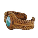Unique Handcrafted Vegetal Braided Tan Color Leather Bracelet with Green Agate Stone-Unisex Gift Fashion Jewelry with Naturel Stone Cuff