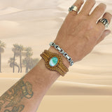 Unique Handcrafted Vegetal Braided Tan Color Leather Bracelet with Green Agate Stone-Unisex Gift Fashion Jewelry with Naturel Stone Cuff