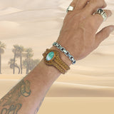 Unique Handcrafted Vegetal Braided Tan Color Leather Bracelet with Green Agate Stone-Unisex Gift Fashion Jewelry with Naturel Stone Cuff