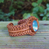 Unique Handcrafted Vegetal Braided Tan Color Leather Bracelet with Green Agate Stone-Unisex Gift Fashion Jewelry with Naturel Stone Cuff
