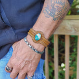 Unique Handcrafted Vegetal Braided Tan Color Leather Bracelet with Green Agate Stone-Unisex Gift Fashion Jewelry with Naturel Stone Cuff
