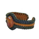 Handcrafted Genuine Vegetal Black and Brown Braided Leather Bracelet with Amber Agate Stone Setting-Unisex Gift Fashion Jewelry Wristband
