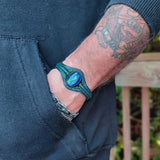 Handcrafted Genuine Blue Vegetal Leather Bracelet with Blue Cat Eye Stone Setting-Unisex Gift Fashion Jewelry Cuff-Wristband
