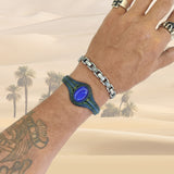 Handcrafted Genuine Blue Vegetal Leather Bracelet with Blue Cat Eye Stone Setting-Unisex Gift Fashion Jewelry Cuff-Wristband