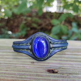 Handcrafted Genuine Blue Vegetal Leather Bracelet with Blue Cat Eye Stone Setting-Unisex Gift Fashion Jewelry Cuff-Wristband