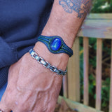 Handcrafted Genuine Blue Vegetal Leather Bracelet with Blue Cat Eye Stone Setting-Unisex Gift Fashion Jewelry Cuff-Wristband