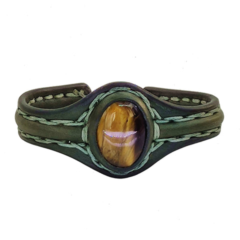 Bohemian Unique Handcrafted Vegetal Green Leather Bracelet with Tiger Eye Stone-Unisex Gift Fashion Jewelry Wristband Cuff