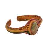Handcrafted Genuine Yellow Leather Bracelet with Flower Green Stone Setting-Life Style Unisex Gift Fashion Jewelry Bangle Cuff Wristband