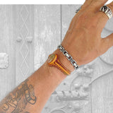Handcrafted Genuine Yellow Leather Bracelet with Flower Green Stone Setting-Life Style Unisex Gift Fashion Jewelry Bangle Cuff Wristband