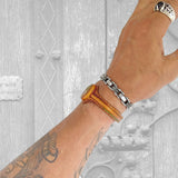 Handcrafted Genuine Yellow Leather Bracelet with Flower Green Stone Setting-Life Style Unisex Gift Fashion Jewelry Bangle Cuff Wristband