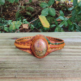 Handcrafted Genuine Yellow Leather Bracelet with Flower Green Stone Setting-Life Style Unisex Gift Fashion Jewelry Bangle Cuff Wristband
