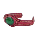 Unique Handcrafted Vegetal Maroon Color Leather Bracelet with Green Agate Stone-Unisex Gift Fashion Jewelry with Naturel Stone Cuff