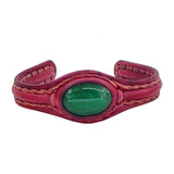 Unique Handcrafted Vegetal Maroon Color Leather Bracelet with Green Agate Stone-Unisex Gift Fashion Jewelry with Naturel Stone Cuff