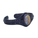 Bohemian Handcrafted Genuine Black Leather Bracelet with Picture Stone Setting-Life Style Unisex Gift Fashion Jewelry Bangle Cuff Wristband