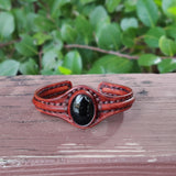 Unique Handcrafted  Brown Vegetal Leather Bracelet with Black Agate Stone Setting-Unique Gift Fashion Jewelry Cuff-Wristband