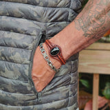 Unique Handcrafted  Brown Vegetal Leather Bracelet with Black Agate Stone Setting-Unique Gift Fashion Jewelry Cuff-Wristband