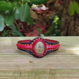 Handcrafted Genuine Brown Leather Bracelet with Flower Green Stone Setting-Life Style Unisex Gift Fashion Jewelry Bangle Cuff Wristband