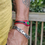 Handcrafted Genuine Fuchsia and Black Vegetal Leather Bracelet with Green Cat's Eye Stone Setting-Lifestyle Gift Fashion Jewelry Cuff Bangle