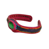 Handcrafted Genuine Fuchsia and Black Vegetal Leather Bracelet with Green Cat's Eye Stone Setting-Lifestyle Gift Fashion Jewelry Cuff Bangle