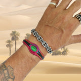 Handcrafted Genuine Fuchsia and Black Vegetal Leather Bracelet with Green Cat's Eye Stone Setting-Lifestyle Gift Fashion Jewelry Cuff Bangle