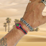 Handcrafted Genuine Fuchsia and Black Vegetal Leather Bracelet with Green Cat's Eye Stone Setting-Lifestyle Gift Fashion Jewelry Cuff Bangle
