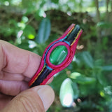 Handcrafted Genuine Fuchsia and Black Vegetal Leather Bracelet with Green Cat's Eye Stone Setting-Lifestyle Gift Fashion Jewelry Cuff Bangle