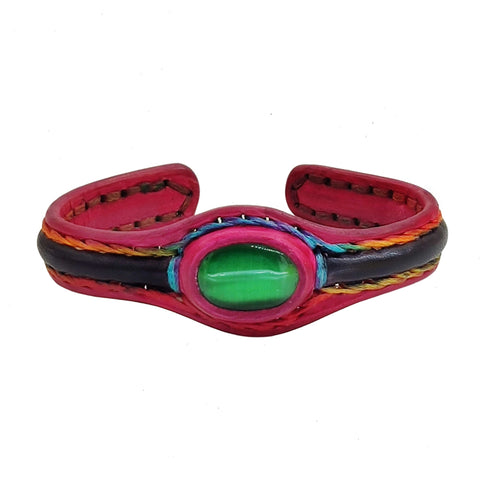 Handcrafted Genuine Fuchsia and Black Vegetal Leather Bracelet with Green Cat's Eye Stone Setting-Lifestyle Gift Fashion Jewelry Cuff Bangle