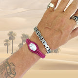 Unique Handcrafted Genuine Fuchsia Leather Bracelet with White Agate Stone-Life Style Unisex Gift Fashion Jewelry-Adjustable Wristband