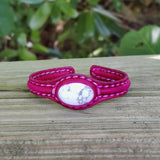 Unique Handcrafted Genuine Fuchsia Leather Bracelet with White Agate Stone-Life Style Unisex Gift Fashion Jewelry-Adjustable Wristband