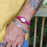 Unique Handcrafted Genuine Fuchsia Leather Bracelet with White Agate Stone-Life Style Unisex Gift Fashion Jewelry-Adjustable Wristband