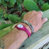 Unique Handcrafted Genuine Fuchsia Leather Bracelet with White Agate Stone-Life Style Unisex Gift Fashion Jewelry-Adjustable Wristband