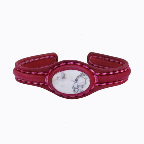 Unique Handcrafted Genuine Fuchsia Leather Bracelet with White Agate Stone-Life Style Unisex Gift Fashion Jewelry-Adjustable Wristband